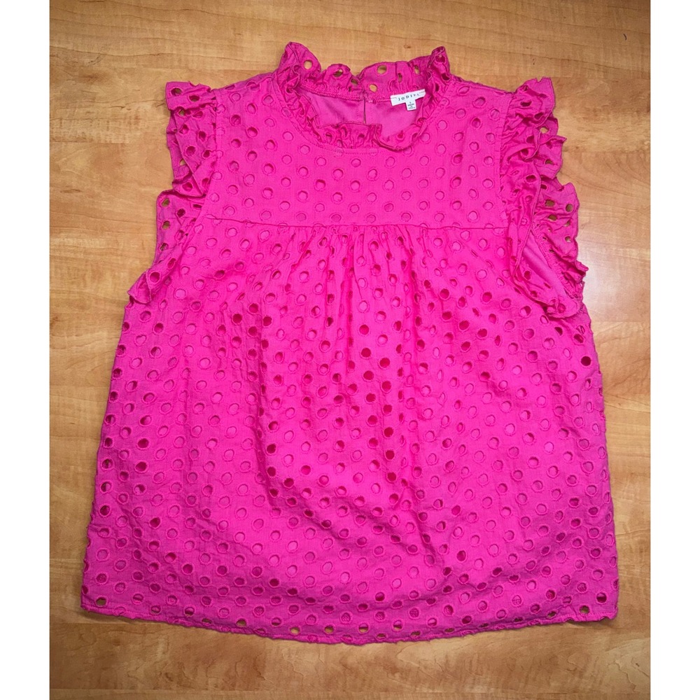 Jodifl Hot Pink Cotton Eyelet Ruffle Neck Sleeveless Blouse Top G8406 Large